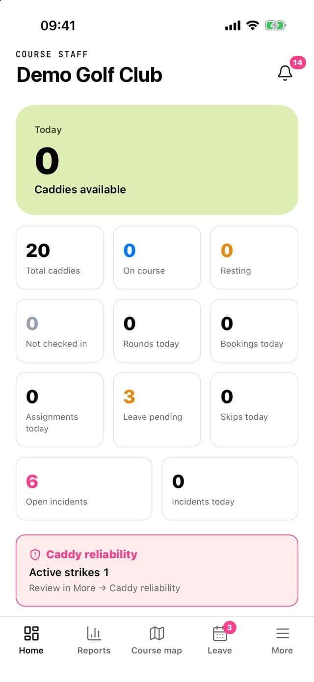 Actual screen from the app · Know instantly which caddies have arrived